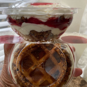 This bowl is sensory overload with a fluffy graham cracker waffle cookie on the bottom and crunchy waffle cookie crumble, smooth and rich cheesecake mousse, cherry topping and decadent whipped cream in a 12oz. bowl.