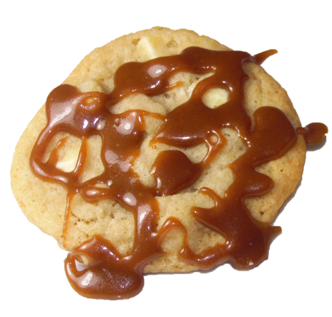 Buttery White Chocolate Chunk Cookie with chopped Macadamia Nuts and Homemade Caramel Drizzle