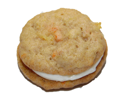 Carrot Cake Sandwich Cookie with Fresh Carrots, Crushed Pineapples, Roasted Walnuts and Cream Cheese Filling.