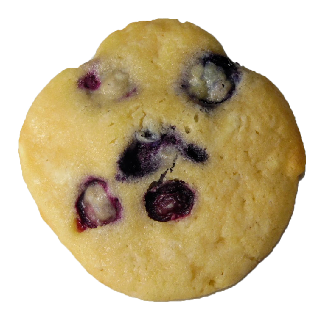 Blueberry muffin cookie with white chocolate chunks for added sweetness.