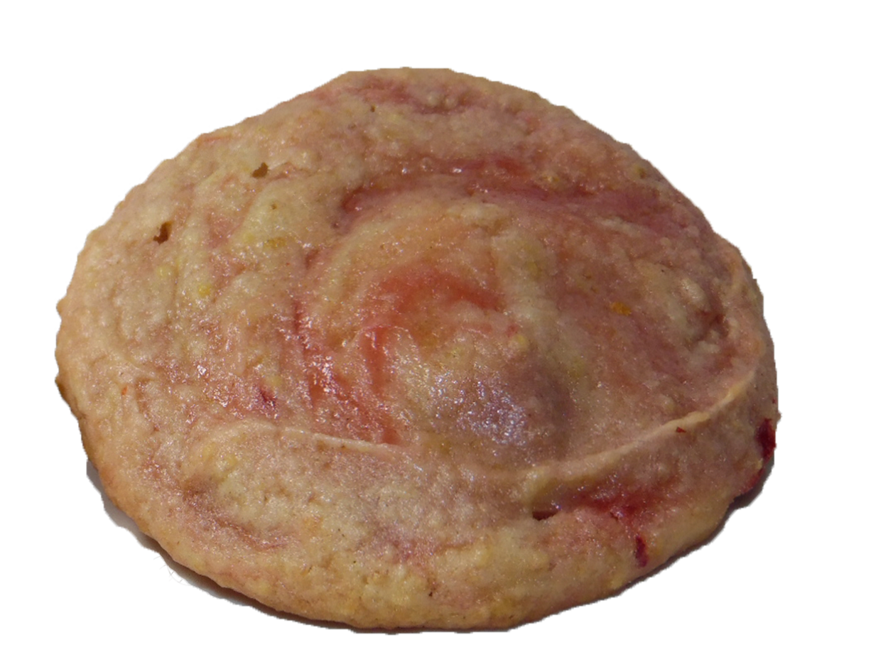 Cherry cheesecake cookie with a creamy filling and sweet cherry topping.